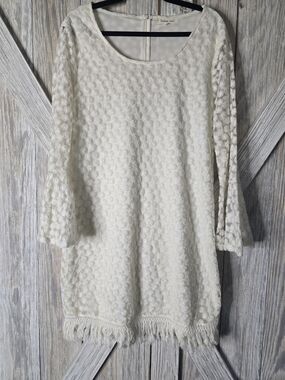 Boho Ivory Lace Fringe Tunic | Embroidered | Size L